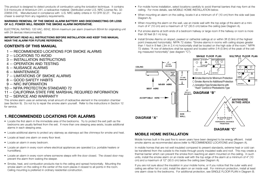 Kidde 1275H Recommended Locations For Alarms, Contents Of This Manual, Mobile Home Installation, Service And Warranty 