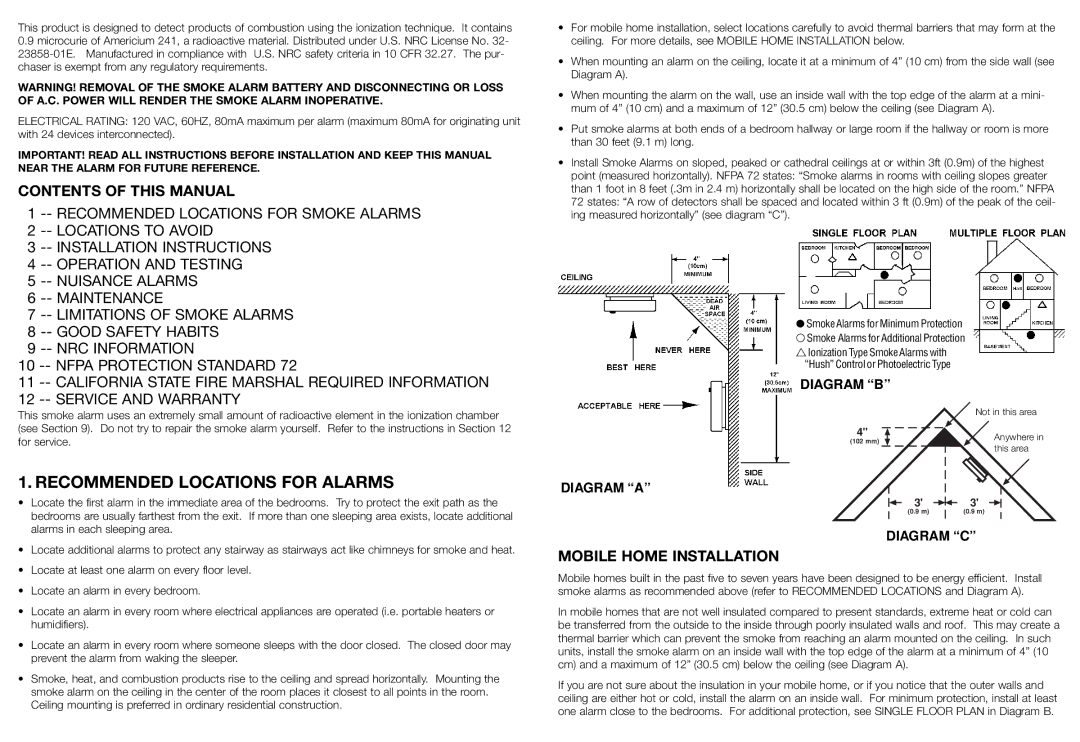 Kidde 1276 manual Recommended Locations for Alarms, Contents of this Manual, Mobile Home Installation 