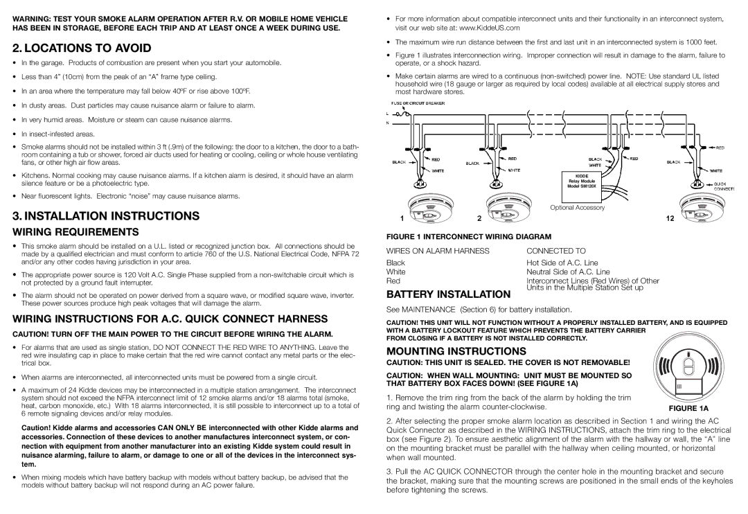 Kidde 1276 manual Locations to Avoid, Installation Instructions 