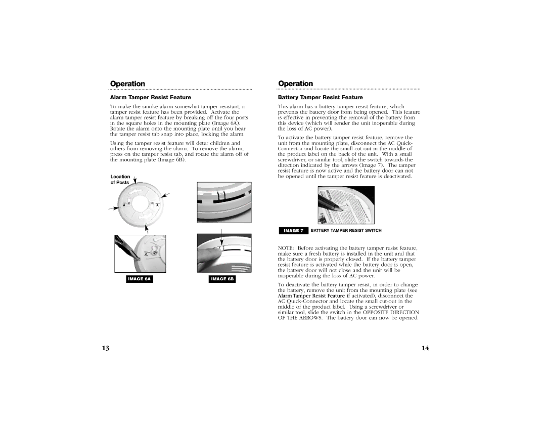 Kidde 1276CA manual Operation, Alarm Tamper Resist Feature, Battery Tamper Resist Feature 