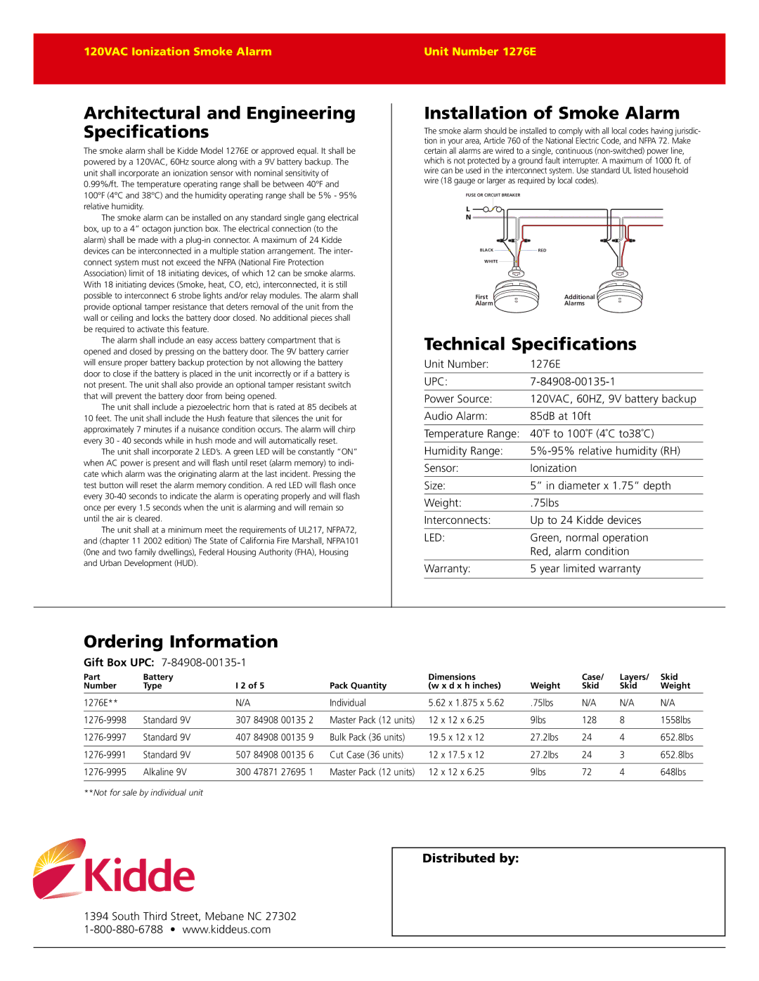 Kidde 1276E manual Architectural and Engineering Specifications, Installation of Smoke Alarm, Technical Specifications 