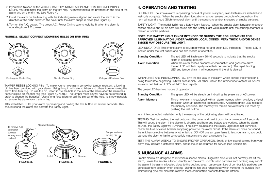 Kidde 1285 manual Operation and Testing, Nuisance Alarms 