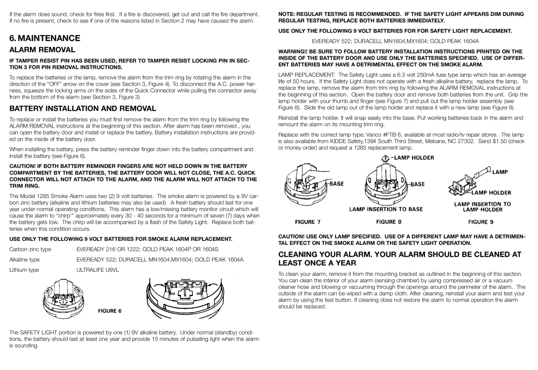 Kidde 1285 manual Maintenance, Alarm Removal, Battery Installation and Removal, Ultralife U9VL 