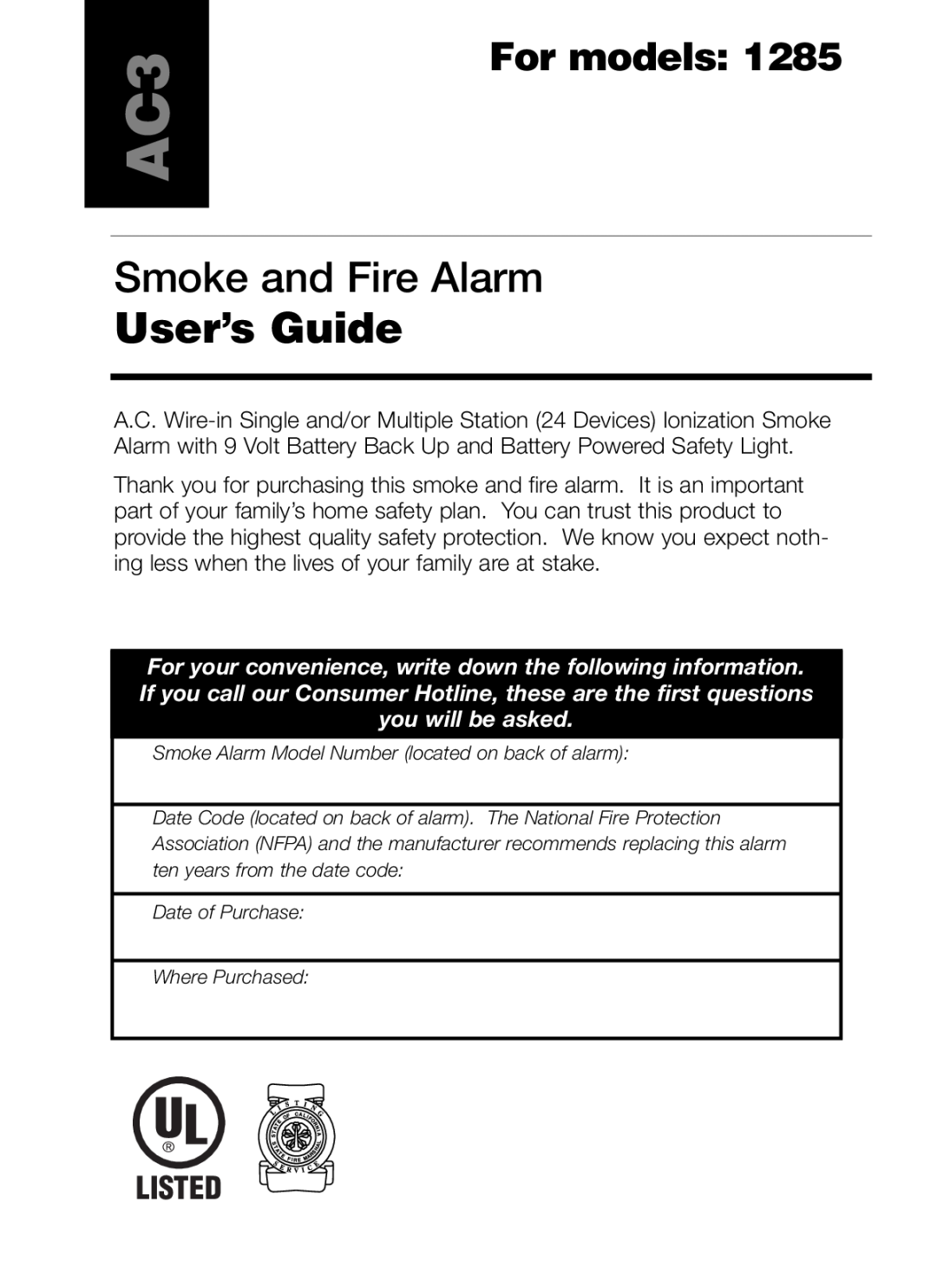 Kidde 1285 manual Smoke and Fire Alarm, User’s Guide, For models, Listed 