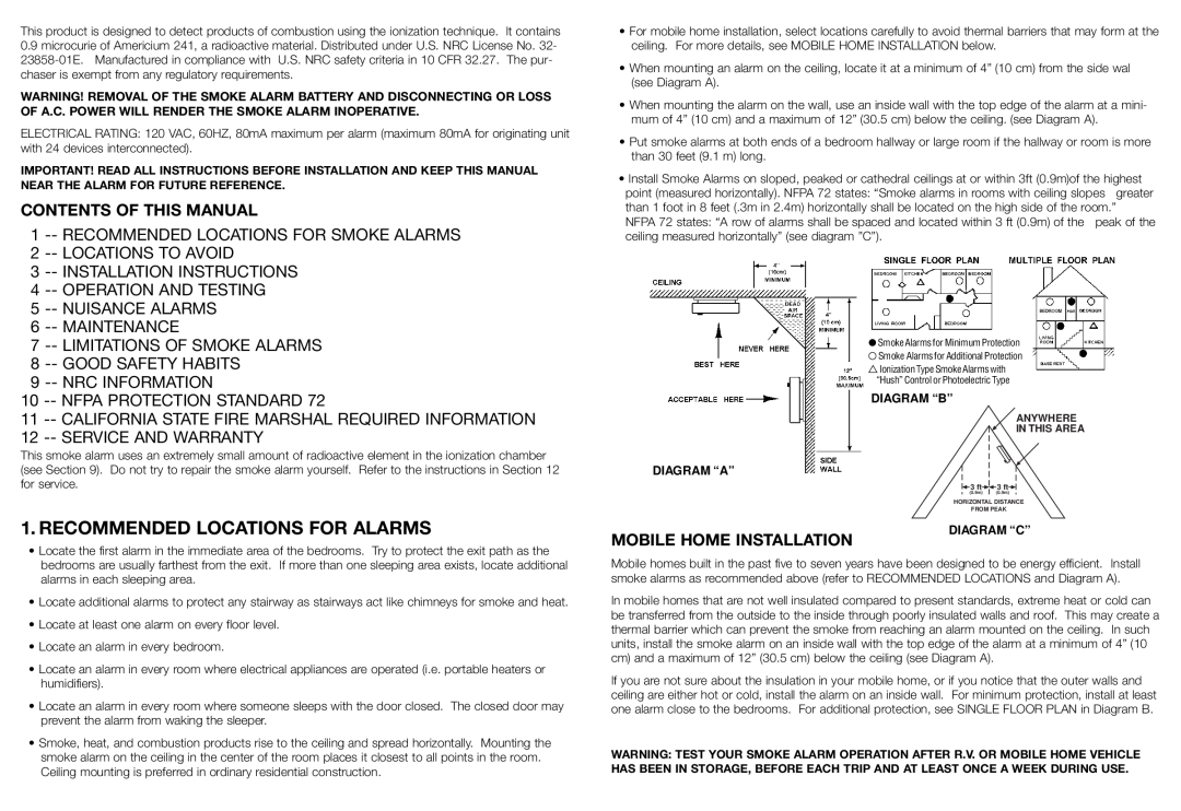 Kidde 1285 manual Recommended Locations For Alarms, Contents Of This Manual, Mobile Home Installation, Service And Warranty 