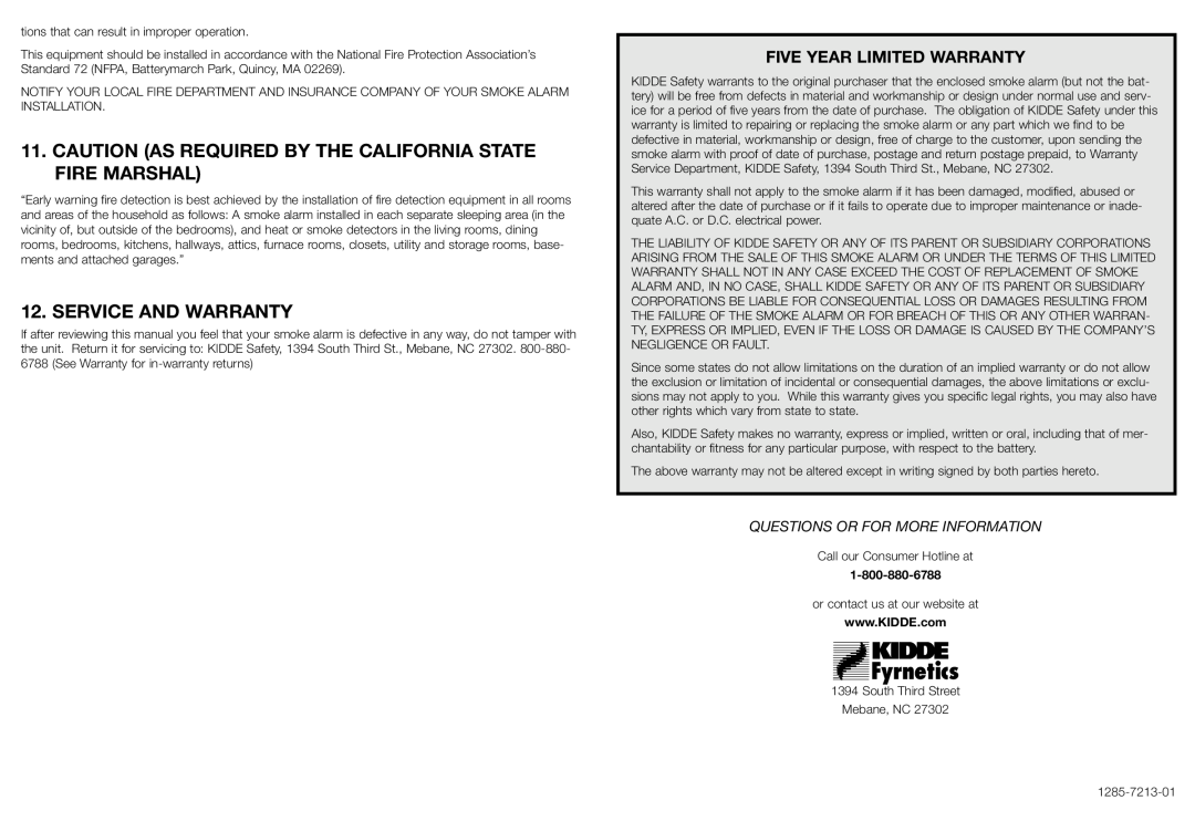 Kidde 1285 Caution As Required By The California State Fire Marshal, Service And Warranty, Five Year Limited Warranty 