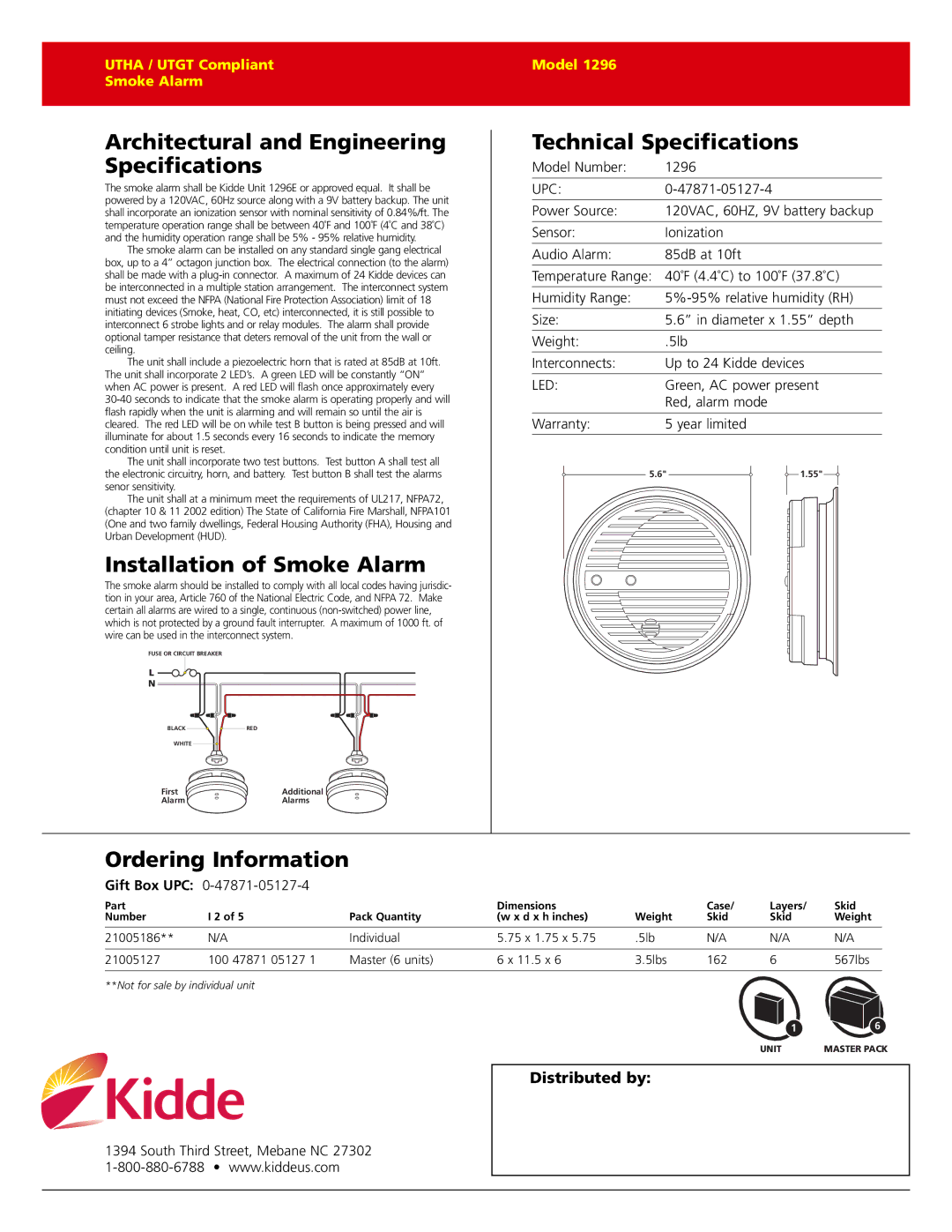 Kidde 1296 warranty Architectural and Engineering Specifications, Installation of Smoke Alarm, Technical Specifications 