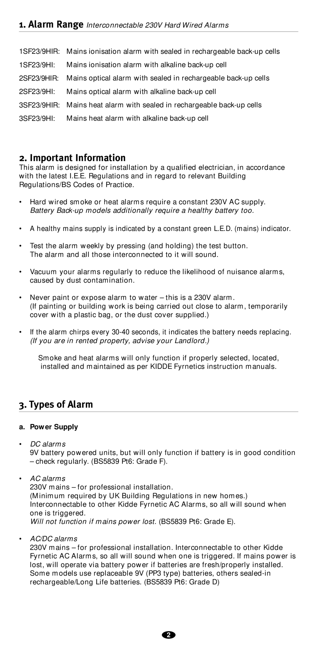 Kidde 2SF23/9HIRE, 3SF23/9HIRE, 1SF23/9HIRE owner manual Important Information, Types of Alarm, Power Supply 