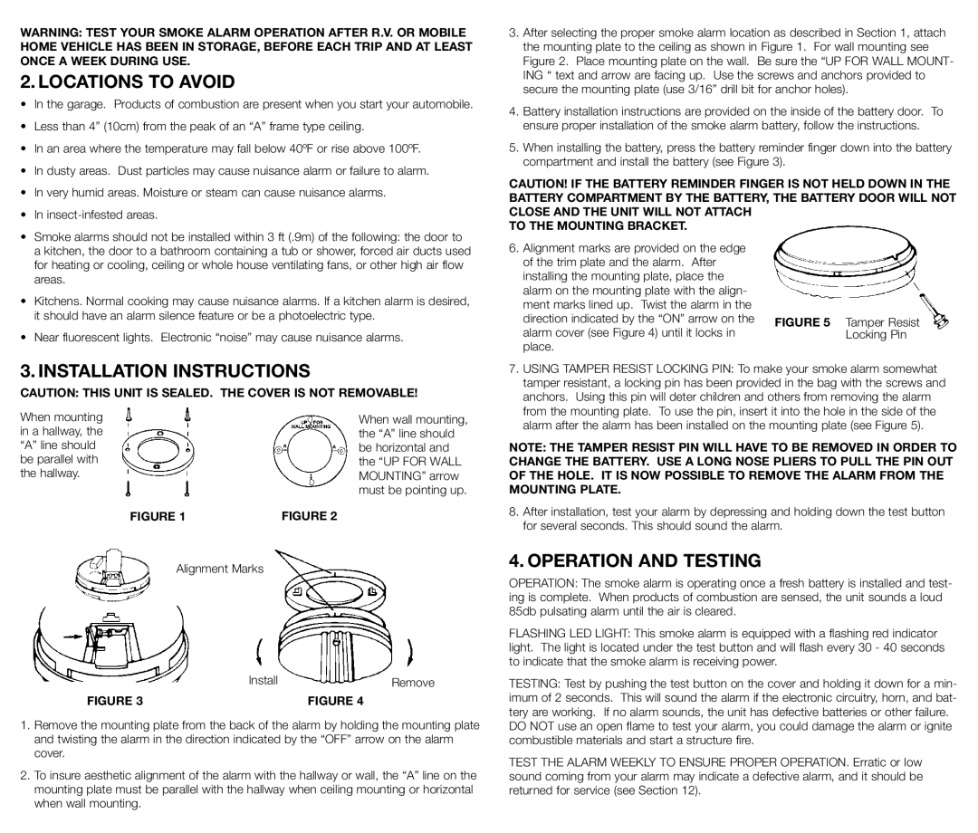 Kidde 0915, 440374 manual Locations to Avoid, Installation Instructions, Operation and Testing 