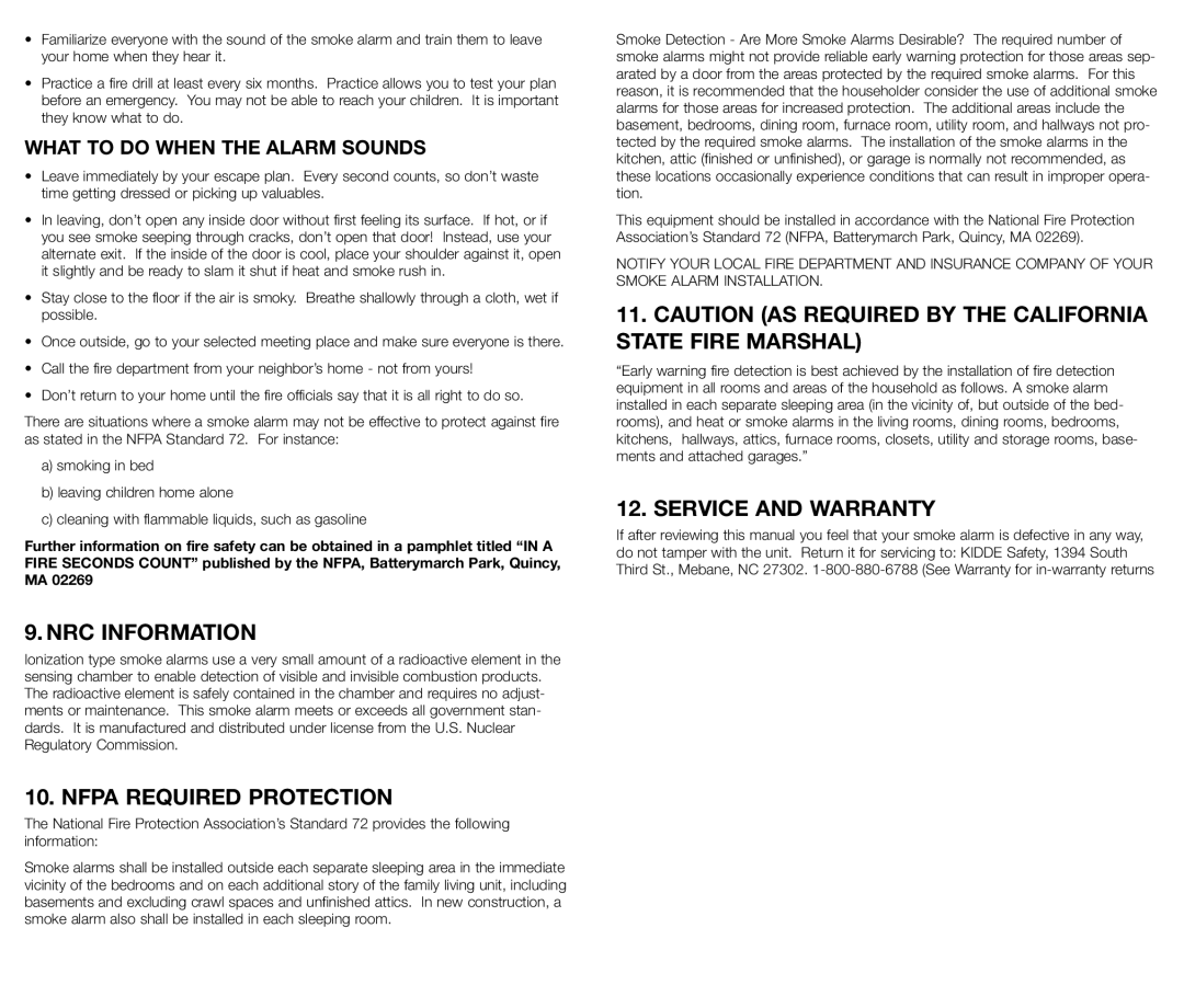 Kidde 0915, 440374 manual NRC Information, Nfpa Required Protection, Service and Warranty, What to do When the Alarm Sounds 