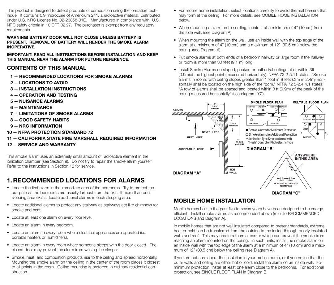 Kidde 440375, 0916 manual Recommended Locations for Alarms, Contents of this Manual, Mobile Home Installation 