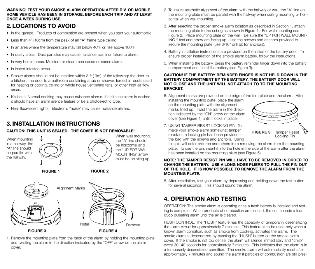 Kidde 0916, 440375 manual Locations to Avoid, Installation Instructions, Operation and Testing 