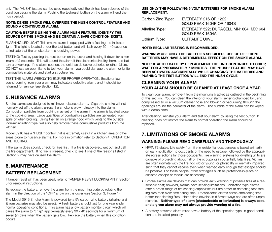 Kidde 440375, 0916 Nuisance Alarms, Maintenance, Limitations of Smoke Alarms, Battery Replacement, Cleaning Your Alarm 