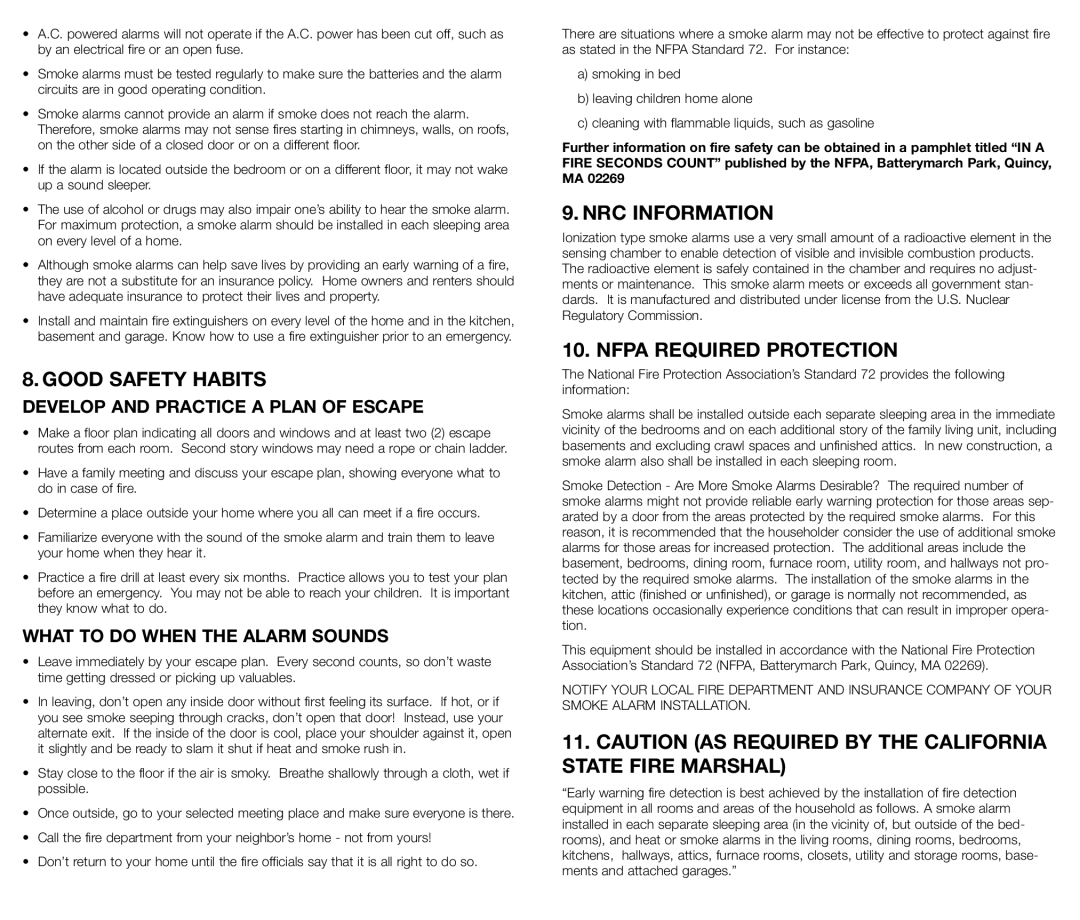 Kidde 0916, 440375 Good Safety Habits, NRC Information, Nfpa Required Protection, Develop and Practice a Plan of Escape 