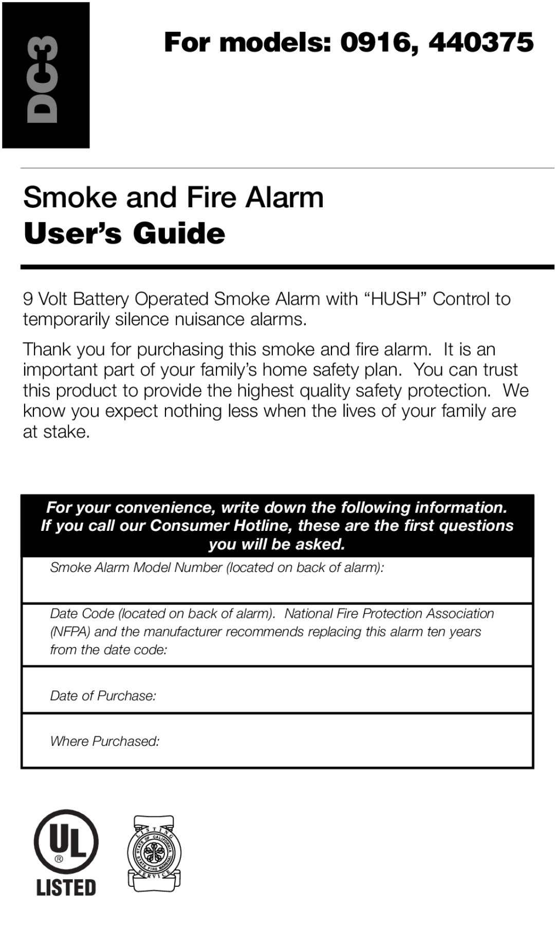 Kidde 440375 manual Smoke and Fire Alarm, User’s Guide, For models 0916, Listed 