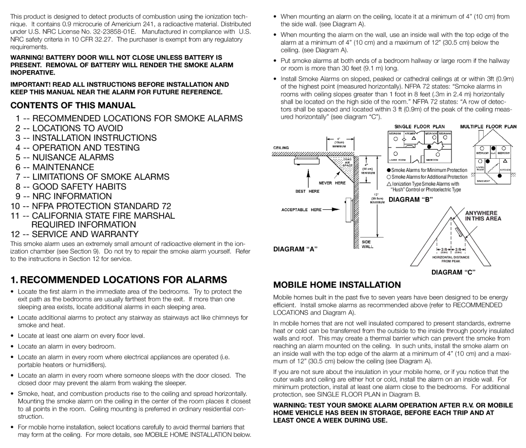 Kidde 440376, 0918K manual Recommended Locations for Alarms, Contents of this Manual, Mobile Home Installation 