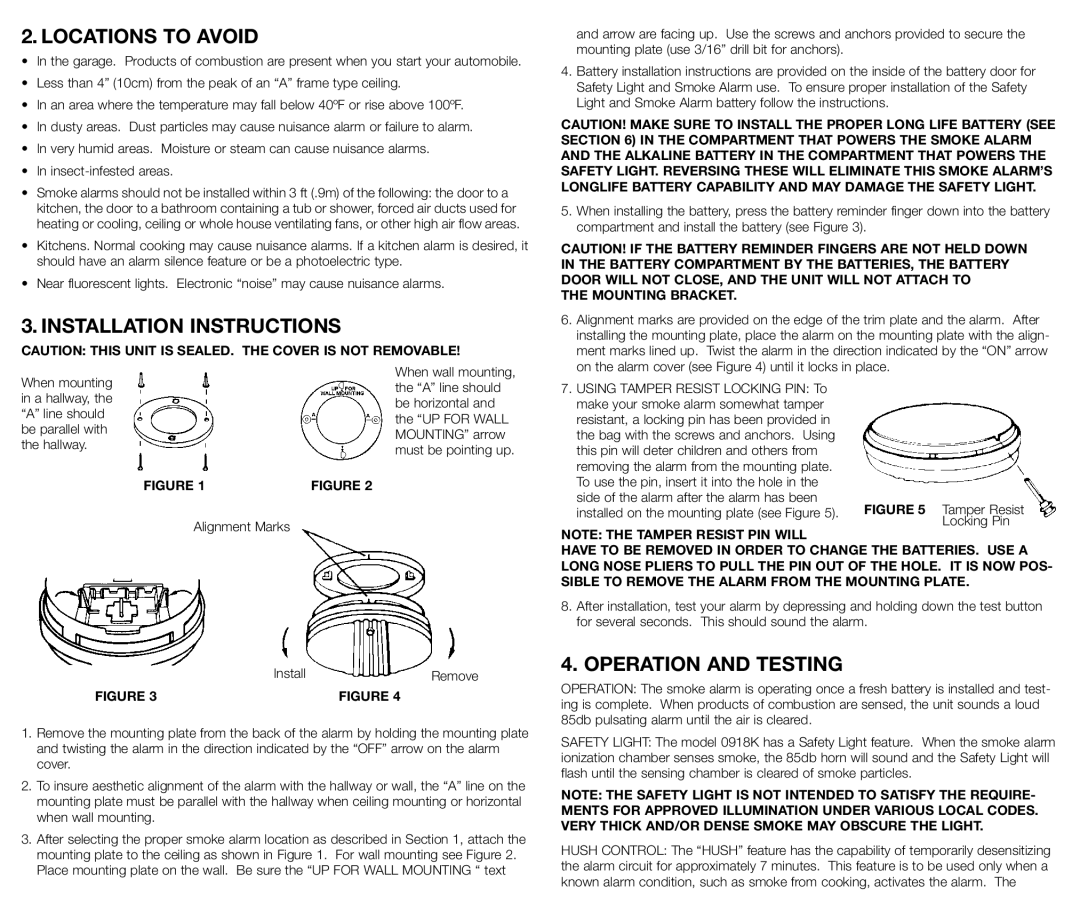 Kidde 0918K, 440376 manual Locations to Avoid, Installation Instructions, Operation and Testing, Mounting Bracket 