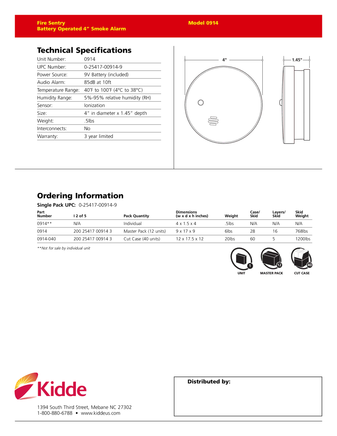 Kidde 914 warranty Technical Specifications, Ordering Information, Single Pack UPC 