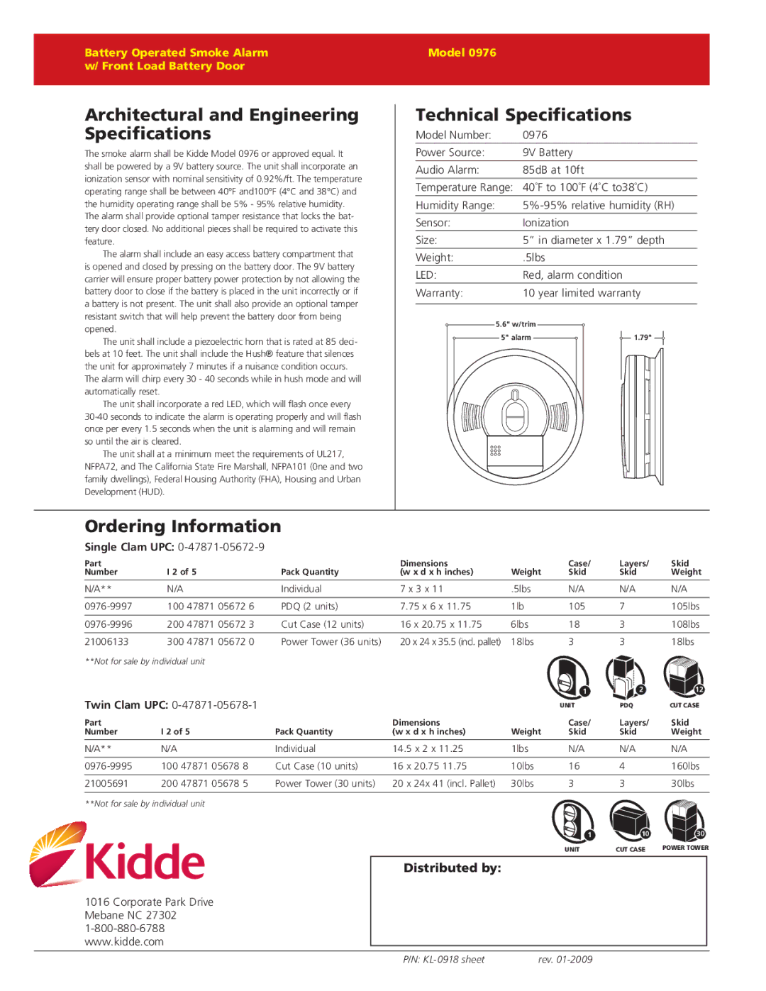 Kidde 976 Architectural and Engineering Specifications, Technical Specifications, Ordering Information, Single Clam UPC 