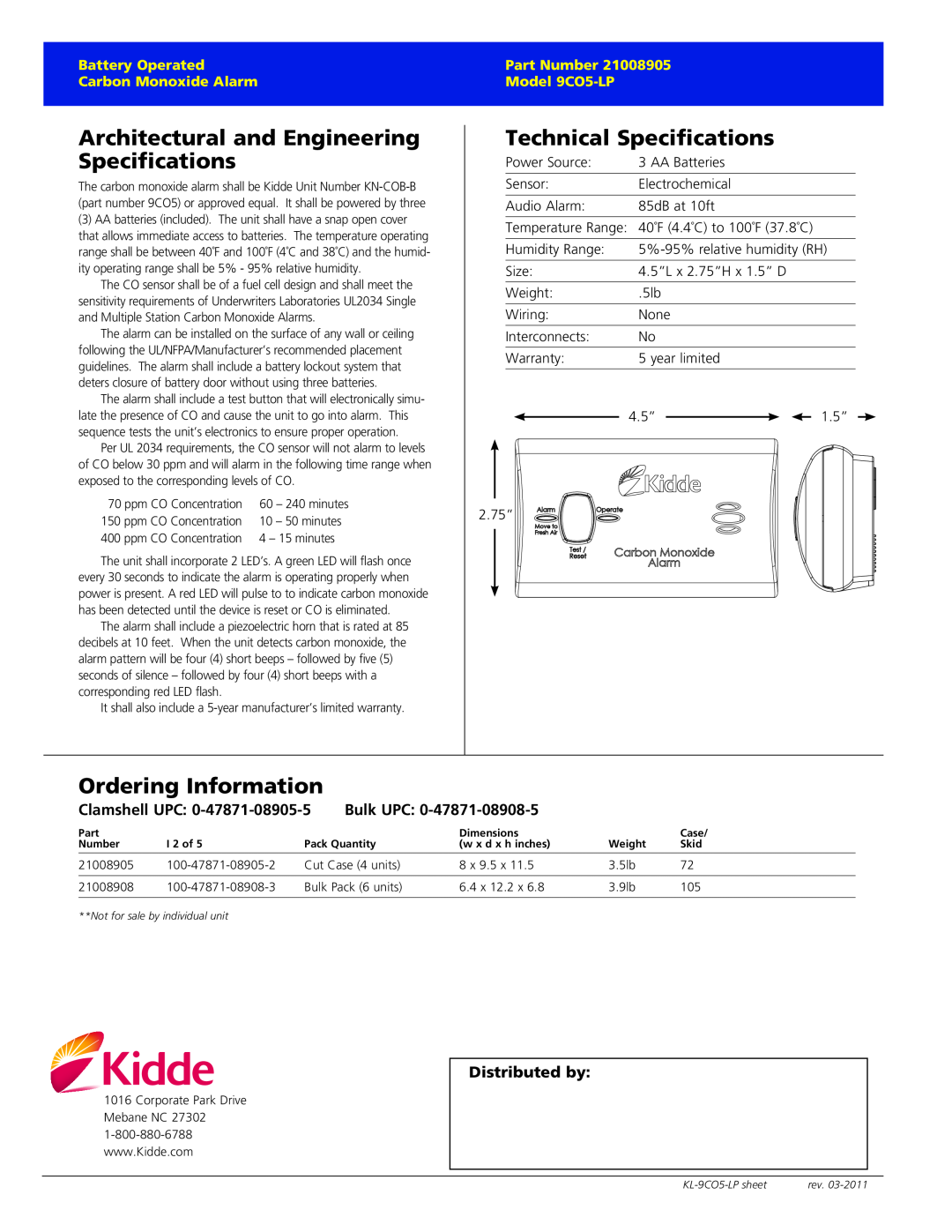 Kidde 9CO5-LP Architectural and Engineering Specifications, Technical Specifications, Ordering Information, Clamshell UPC 
