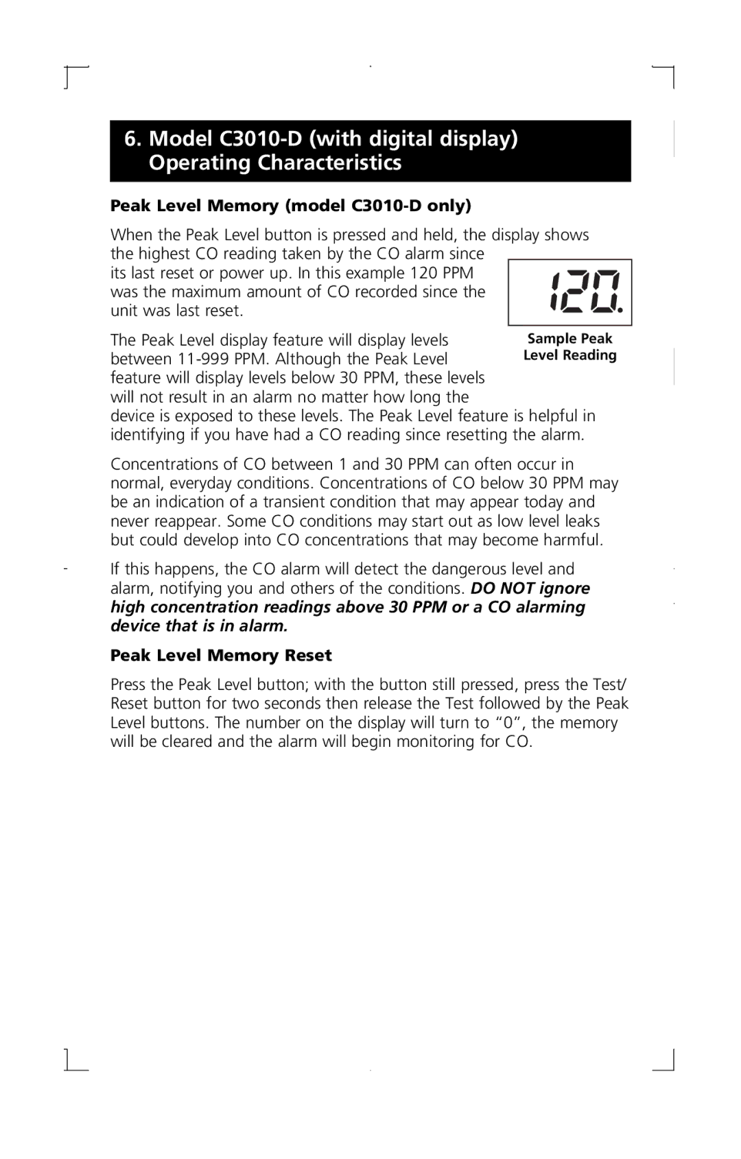 Kidde manual Peak Level Memory model C3010-D only, Peak Level Memory Reset 