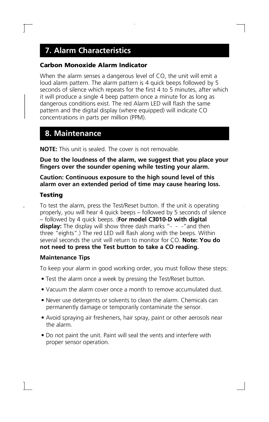 Kidde C3010-D manual Alarm Characteristics, Maintenance, Carbon Monoxide Alarm Indicator, Testing 