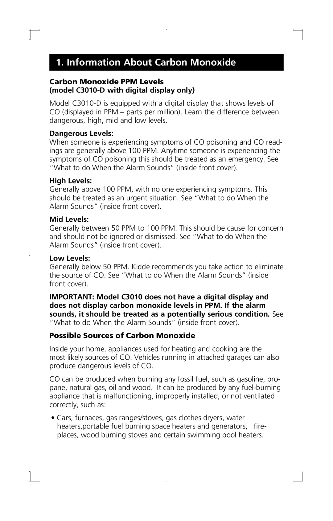 Kidde C3010-D manual High Levels, Mid Levels, Low Levels 