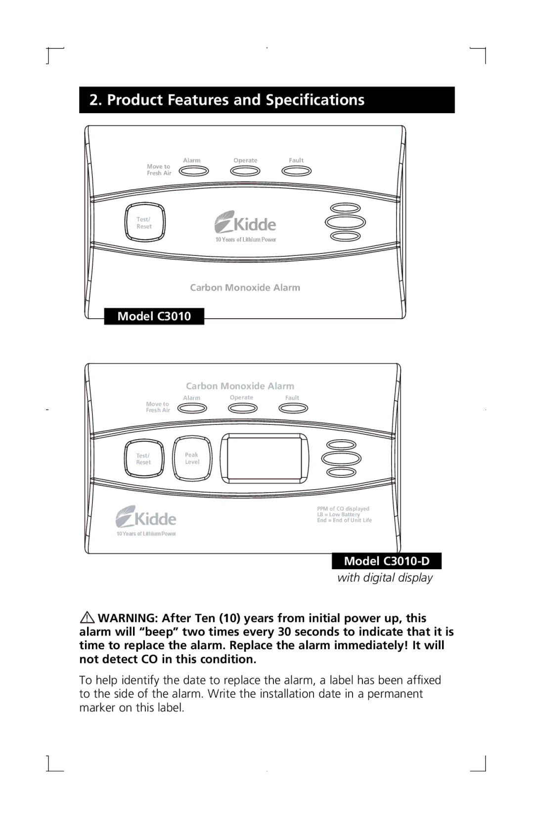 Kidde C3010-D manual Product Features and Specifications, Model C3010 