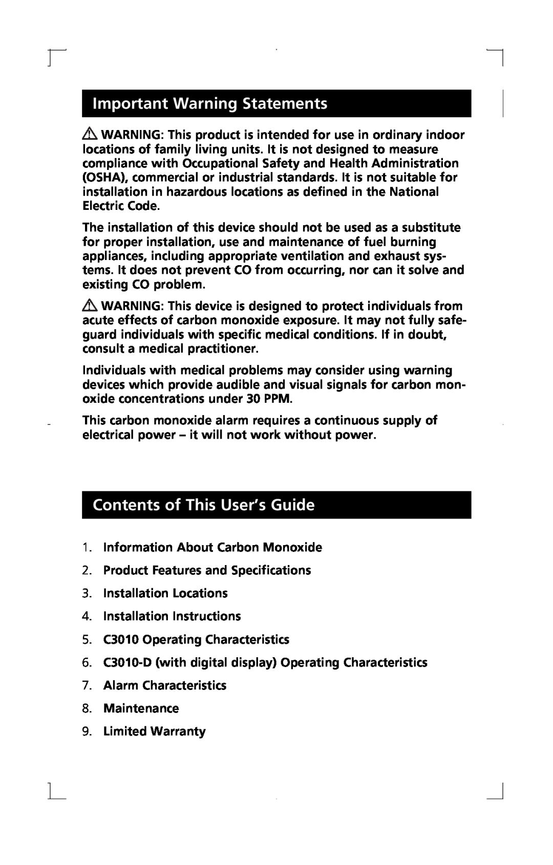 Kidde C3010-D manual Contents of This User’s Guide, Information About Carbon Monoxide, Product Features and Specifications 