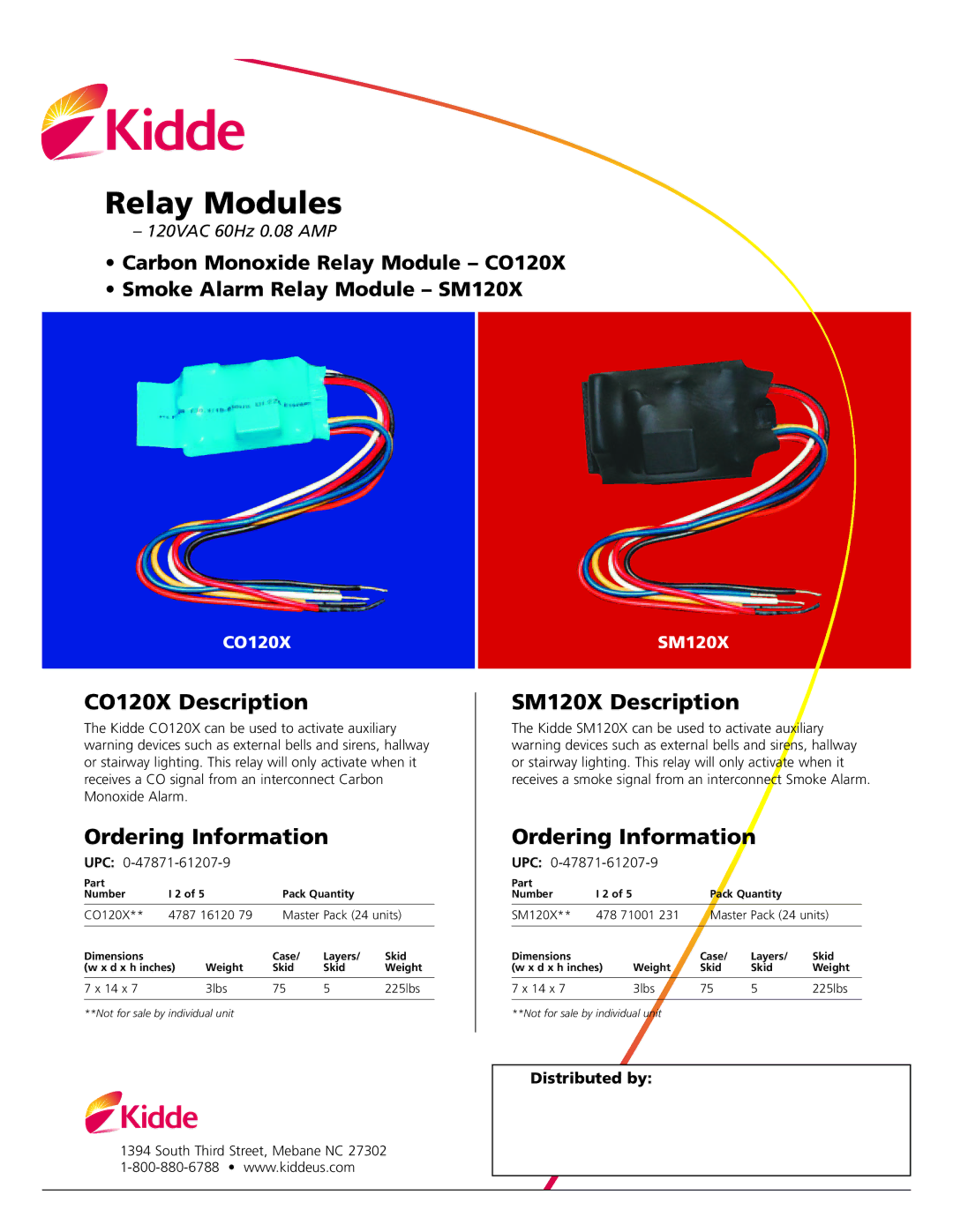 Kidde Co120x dimensions Relay Modules, CO120X Description, Ordering Information, SM120X Description 