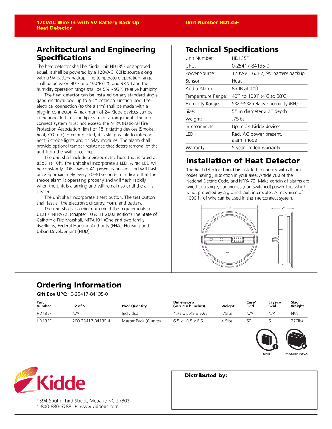 Kidde HD135F warranty Architectural and Engineering Specifications, Technical Specifications, Installation of Heat Detector 