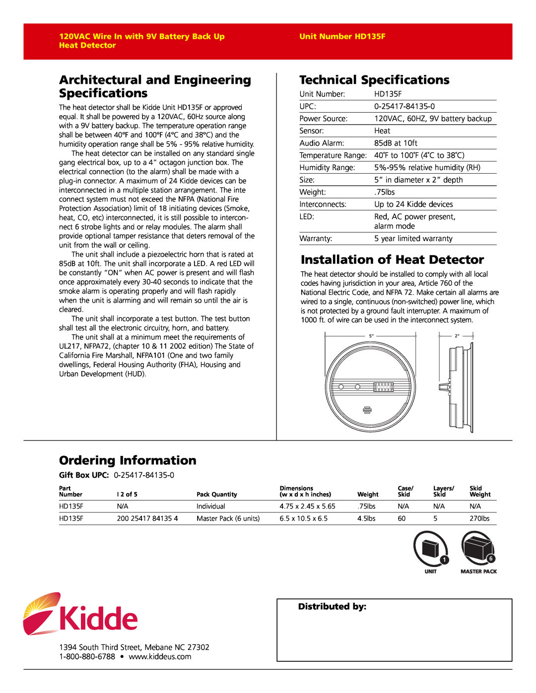 Kidde HD135F warranty Architectural and Engineering Specifications, Technical Specifications, Installation of Heat Detector 