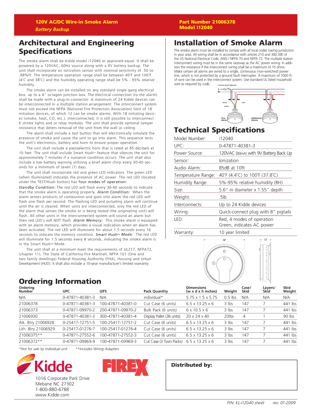 Kidde I12040 warranty Technical Specifications, Ordering Information, Upc, Led 