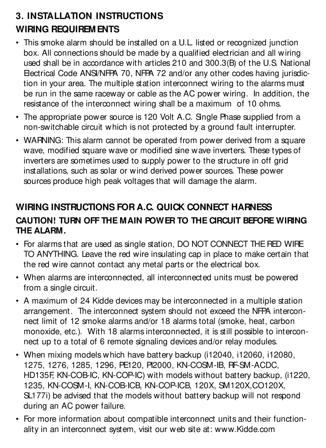 Kidde i12060 manual Installation Instructions Wiring Requirements, Wiring Instructions for A.C. Quick Connect Harness 