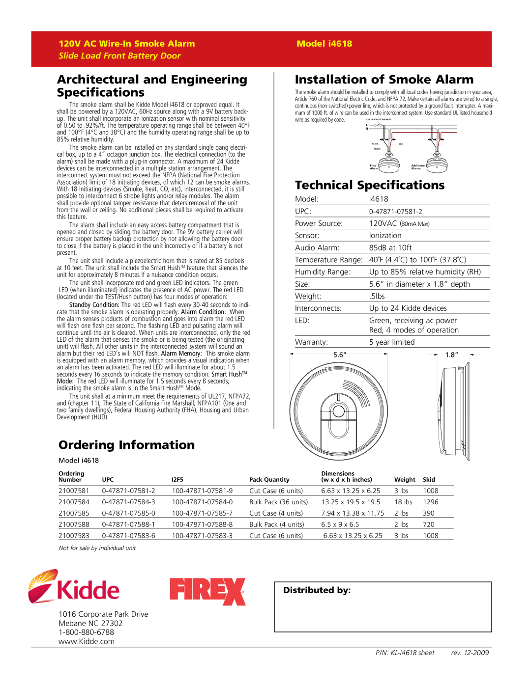 Kidde I4618 warranty Technical Specifications, Ordering Information 