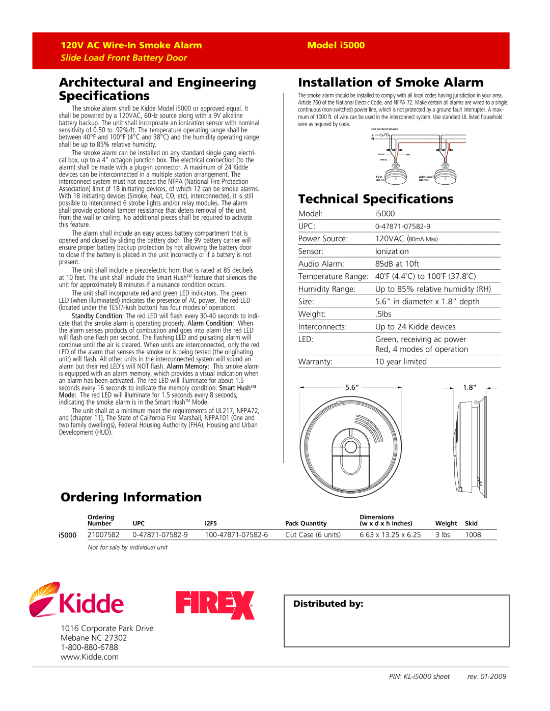 Kidde I5000 warranty Architectural and Engineering Specifications, Ordering Information, Installation of Smoke Alarm, Model 