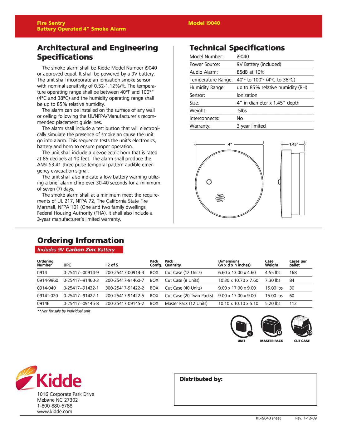 Kidde I9040 warranty Architectural and Engineering Specifications, Technical Specifications, Ordering Information, Model 