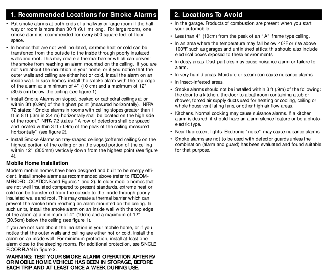 Kidde PI9000, I9060RV, I9040RV, L2, I9050 manual Locations To Avoid, Mobile Home Installation 