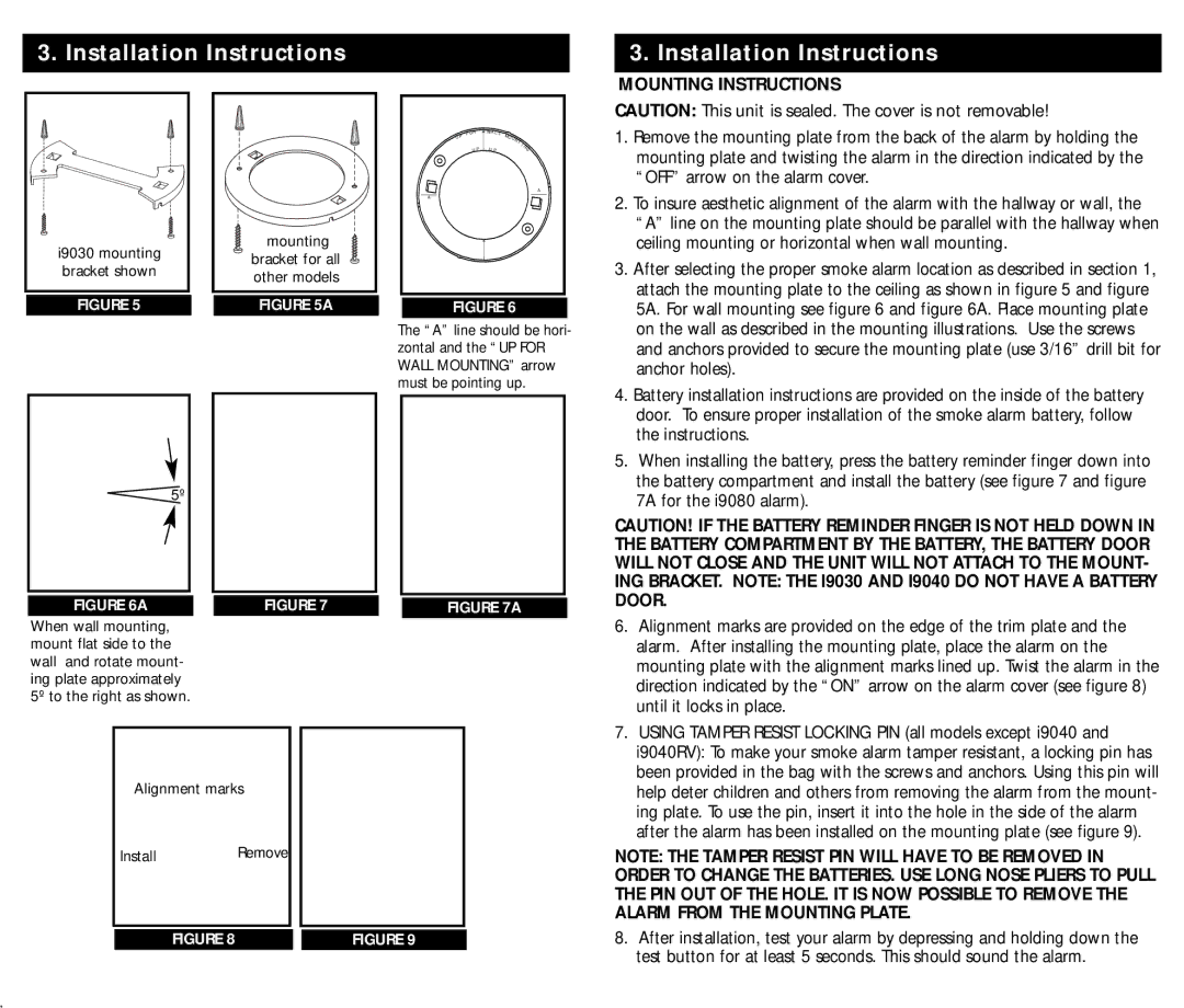 Kidde I9050, I9060RV, I9040RV, L2, PI9000 manual Installation Instructions, Mounting Instructions 