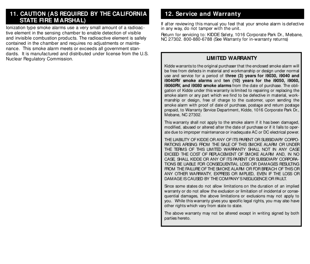 Kidde L2, I9060RV, I9040RV, PI9000, I9050 manual Service and Warranty, Limited Warranty 