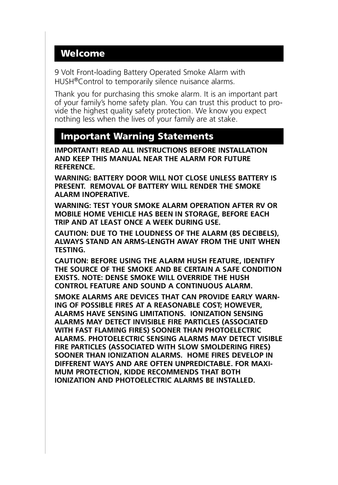 Kidde I9070 manual Welcome, Important Warning Statements 