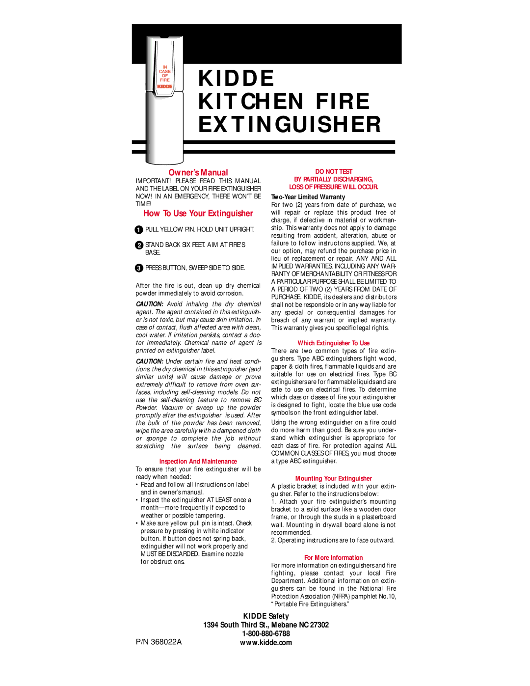 Kidde KITCHEN FIRE EXTINGUISHER owner manual Kidde Kitchen Fire Extinguisher, How To Use Your Extinguisher 