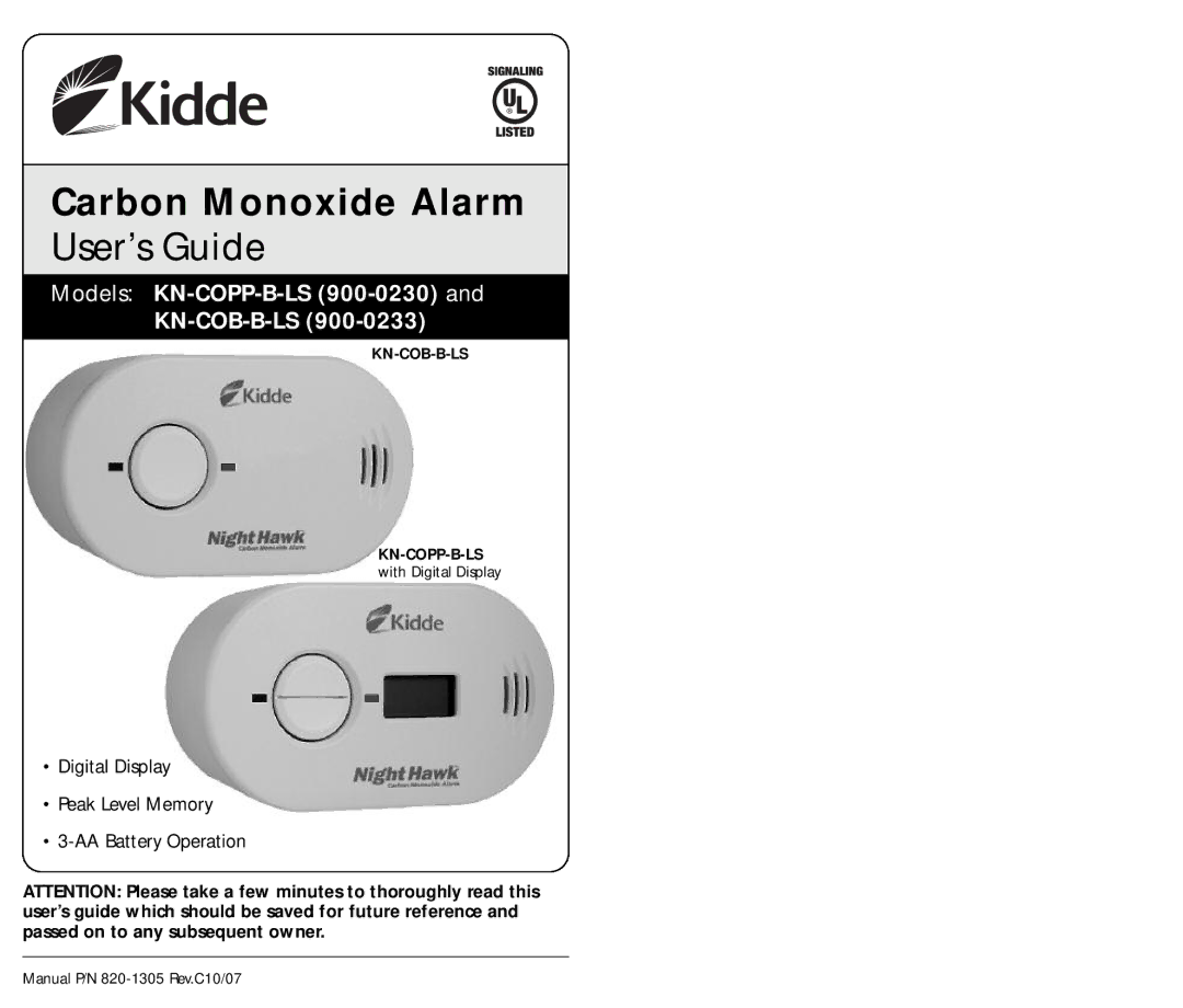 Kidde KN-COPP-B-LS (900-0230) manual Carbon Monoxide Alarm, Models KN-COPP-B-LS 900-0230 KN-COB-B-LS 