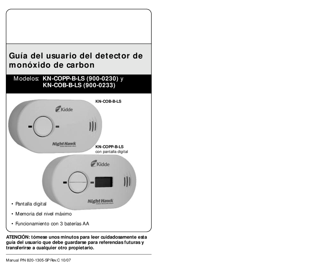 Kidde KN-COPP-B-LS (900-0230), KN-COB-B-LS (900-0233) manual Guía del usuario del detector de monóxido de carbon 