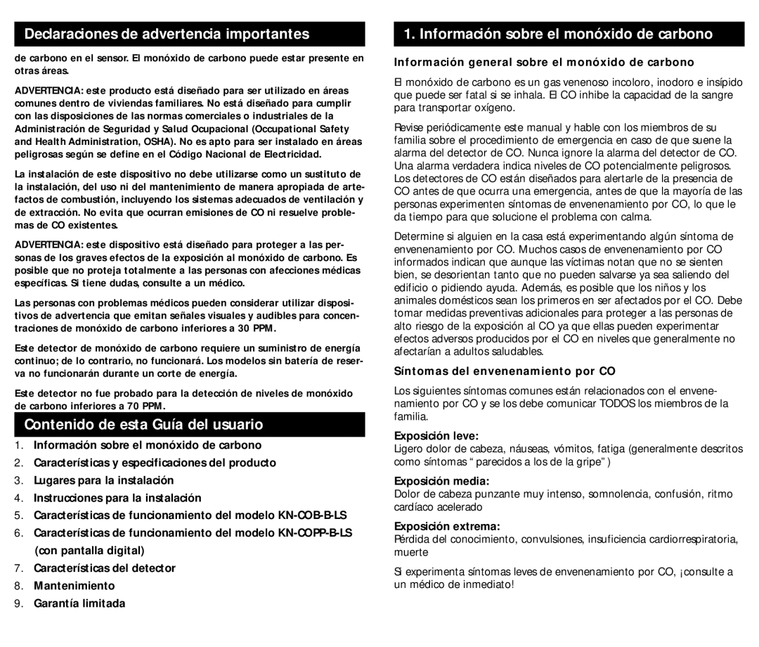 Kidde KN-COPP-B-LS (900-0230) manual Contenido de esta Guía del usuario, Información sobre el monóxido de carbono 