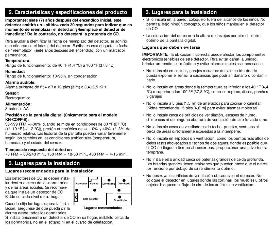 Kidde KN-COB-B-LS (900-0233), KN-COPP-B-LS (900-0230) manual Lugares para la instalación 