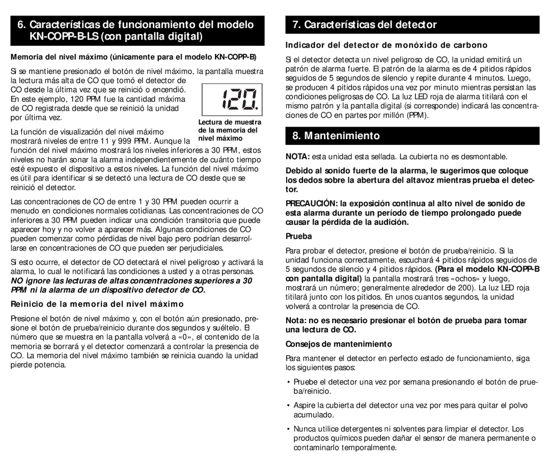 Kidde KN-COPP-B-LS (900-0230) manual Características del detector, Mantenimiento, Reinicio de la memoria del nivel máximo 