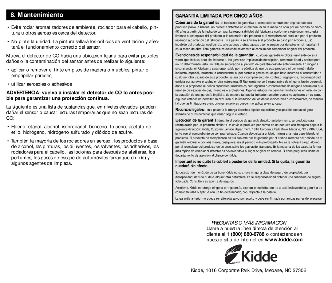 Kidde KN-COB-B-LS (900-0233), KN-COPP-B-LS (900-0230) manual Garantía Limitada POR Cinco Años 