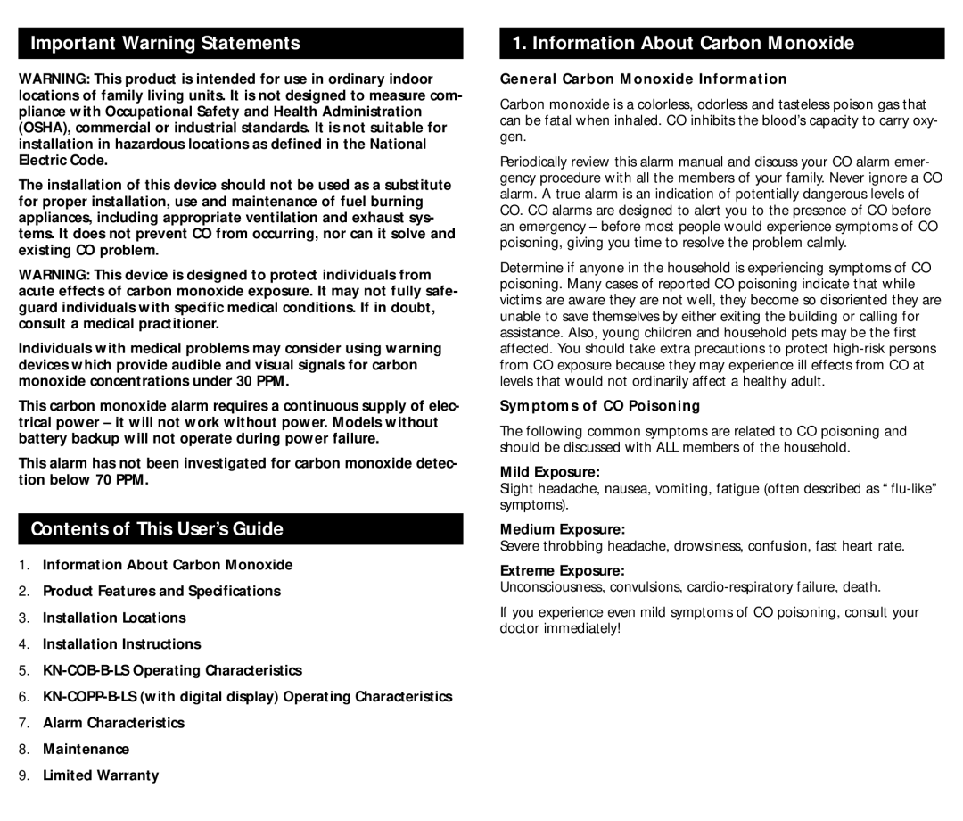 Kidde KN-COPP-B-LS (900-0230), KN-COB-B-LS (900-0233) Contents of This User’s Guide, Information About Carbon Monoxide 