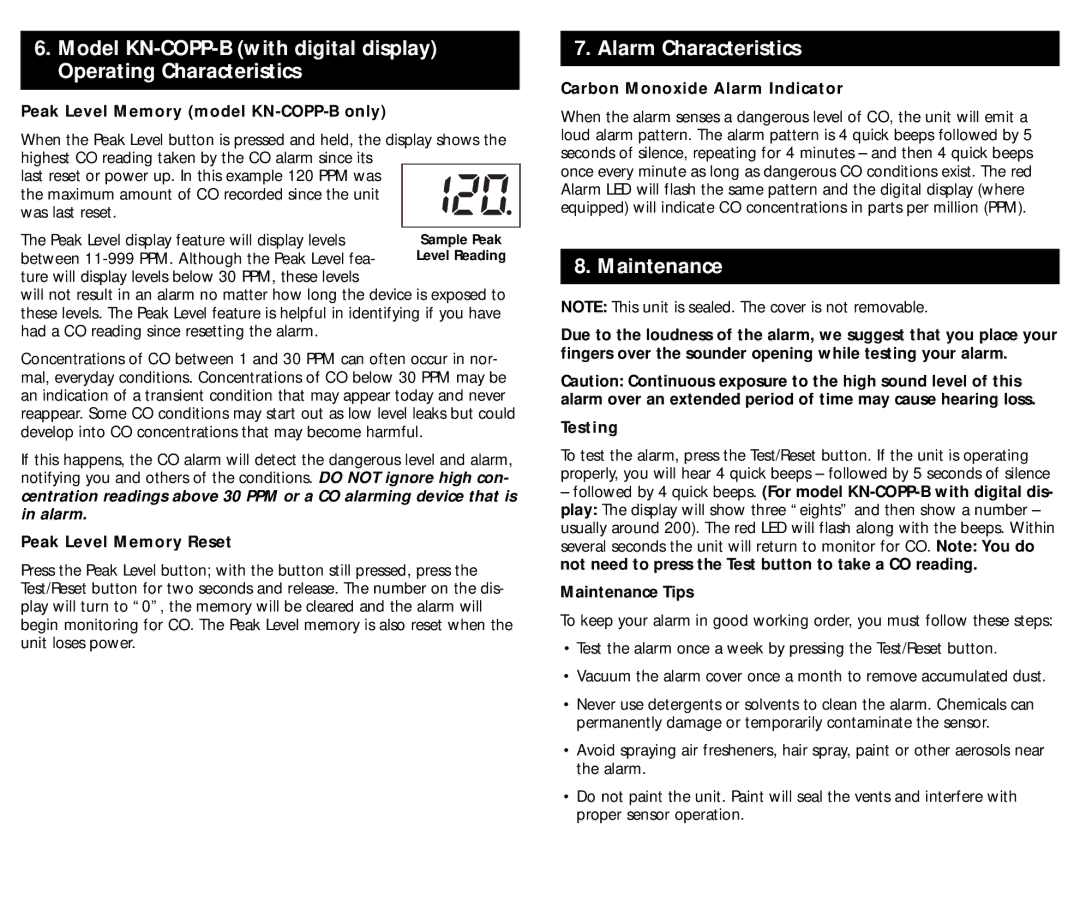 Kidde KN-COPP-B-LS (900-0230), KN-COB-B-LS (900-0233) manual Alarm Characteristics, Maintenance 